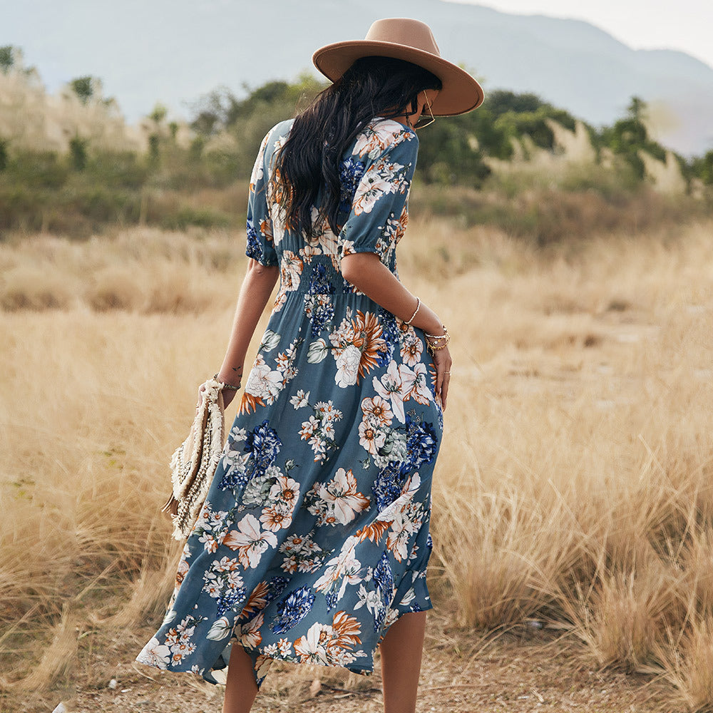 Nima Floral V neck Elastic Waist Dress