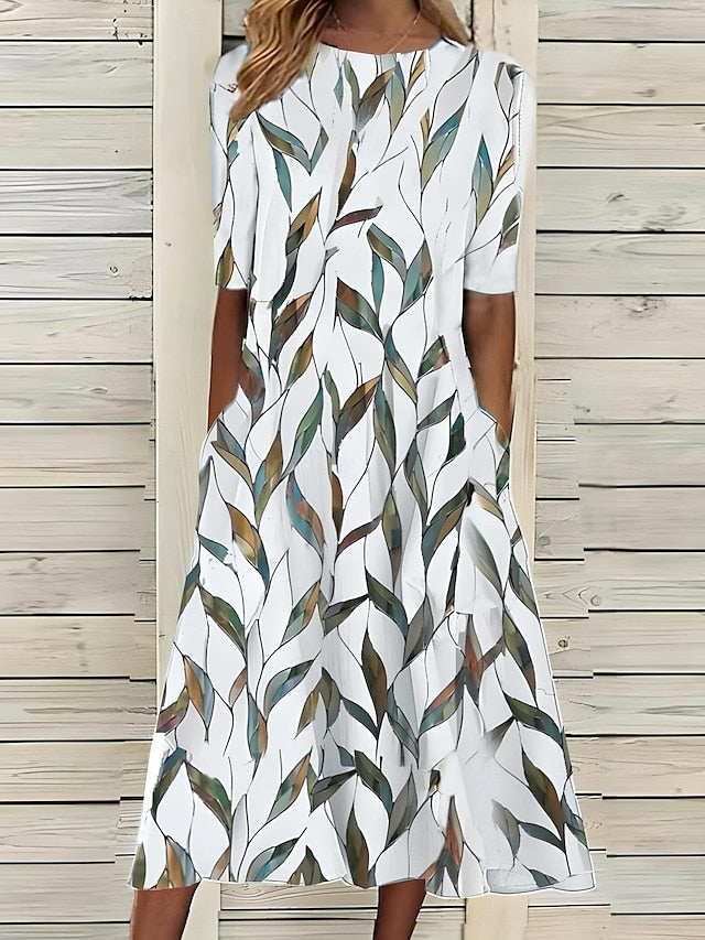 Sela™ – Summer Midi Dress with Round Neckline and Coastal Floral Print