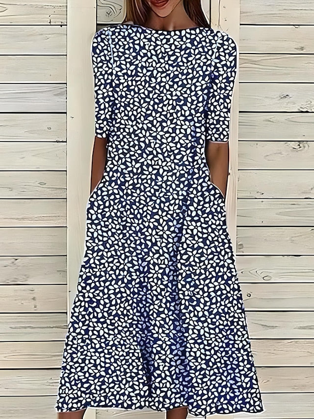 Sela™ – Summer Midi Dress with Round Neckline and Coastal Floral Print