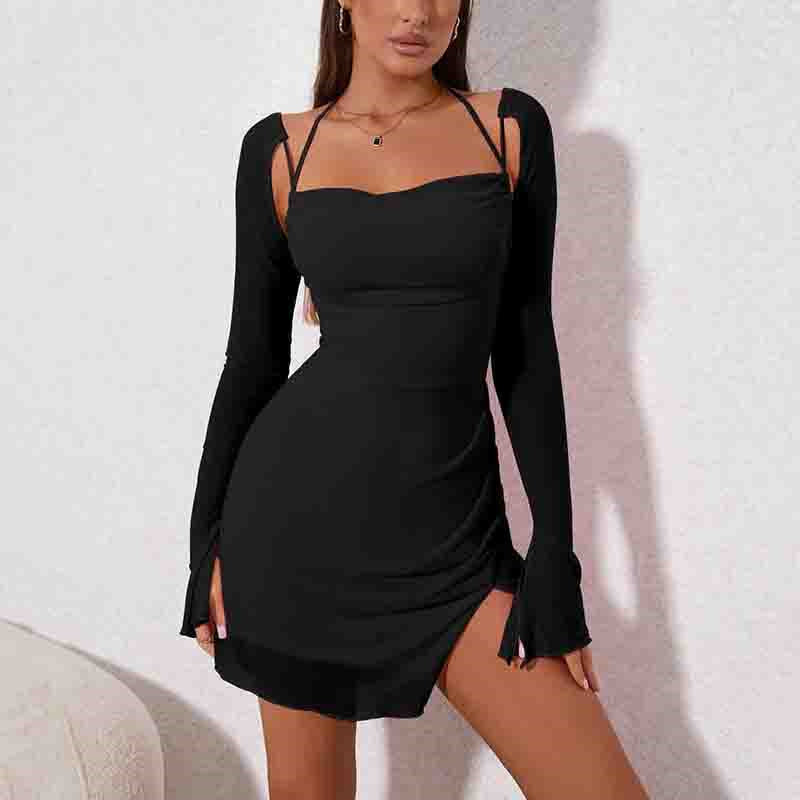 Women's Halter Flounce Sleeves Ruched Mini Dress