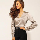 Deep V-neck Long-sleeve Satin Blouse