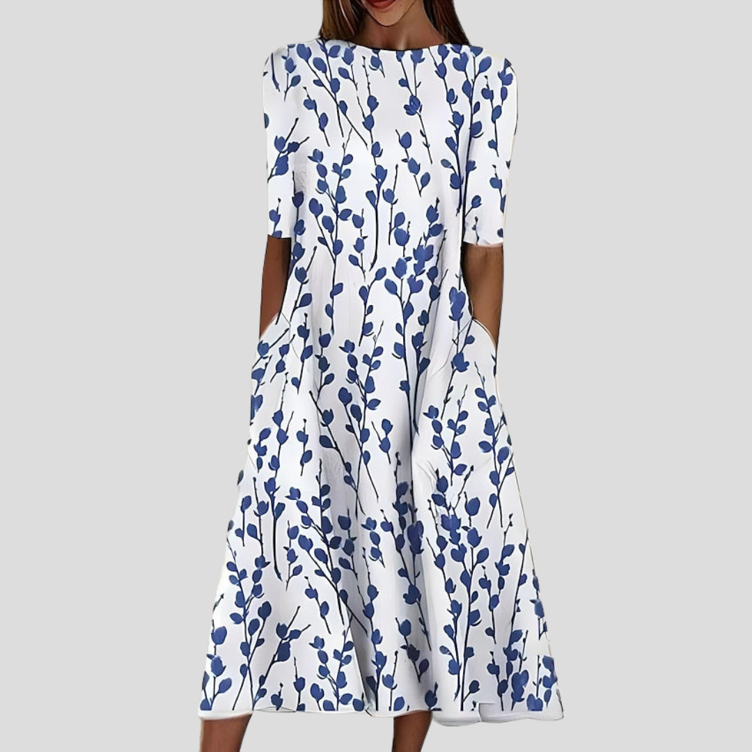 Sela™ – Summer Midi Dress with Round Neckline and Coastal Floral Print
