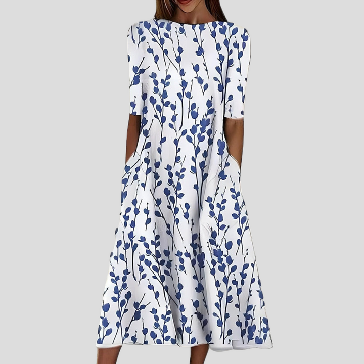 Sela™ – Summer Midi Dress with Round Neckline and Coastal Floral Print