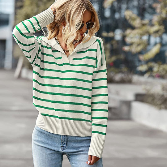 Casual V-Neck Striped Sweater – Stylish Long Sleeve Top