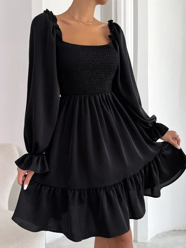 Square Neck Ruffled Swing Dress