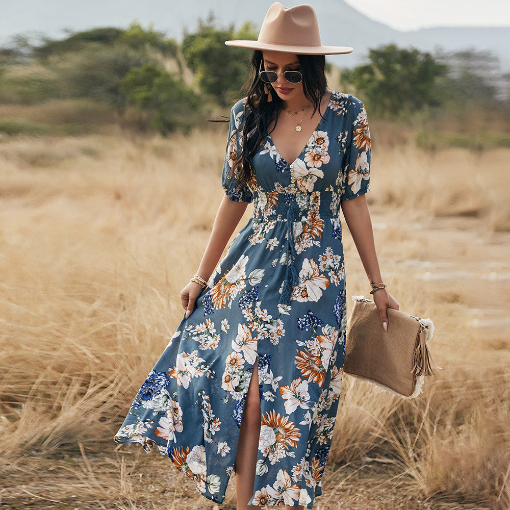 Floral V-neck Elastic Waist Dress