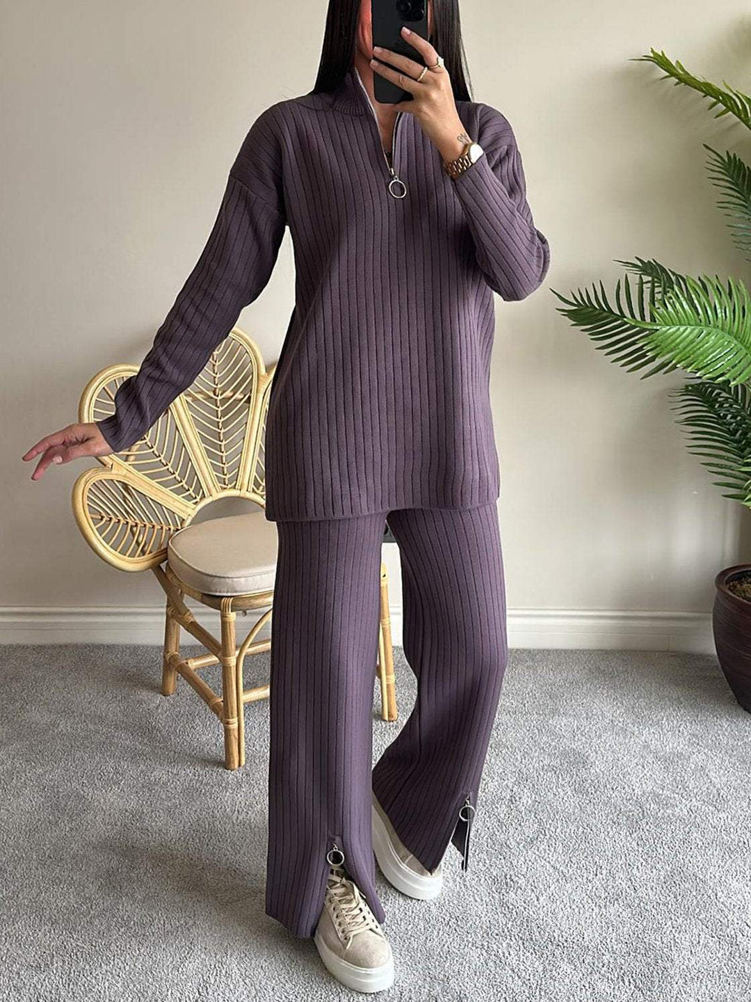 Women's Fall Solid Color Knitted Zipper Suit – Ribbed Two-Piece Set