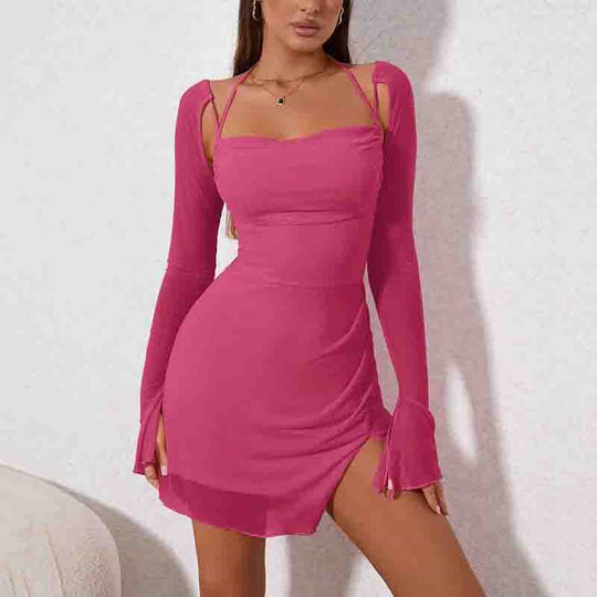 Women's Halter Flounce Sleeves Ruched Mini Dress