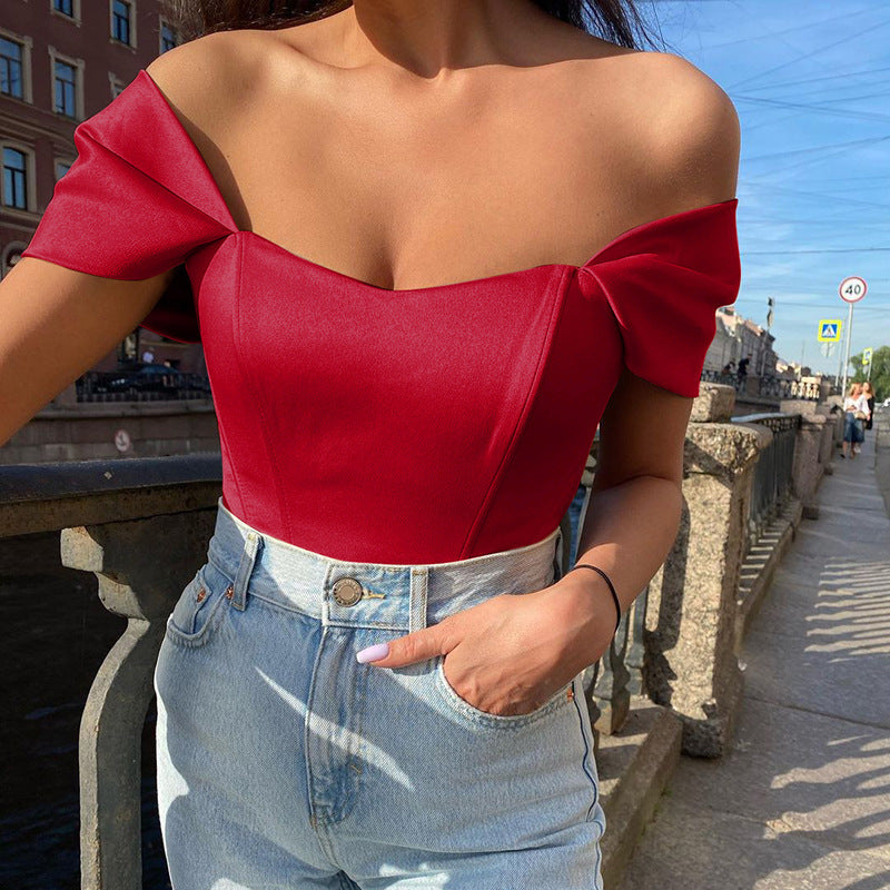 Women's Sexy Satin Off-shoulder Corset Push-up Strap Slim Fit Crop Top