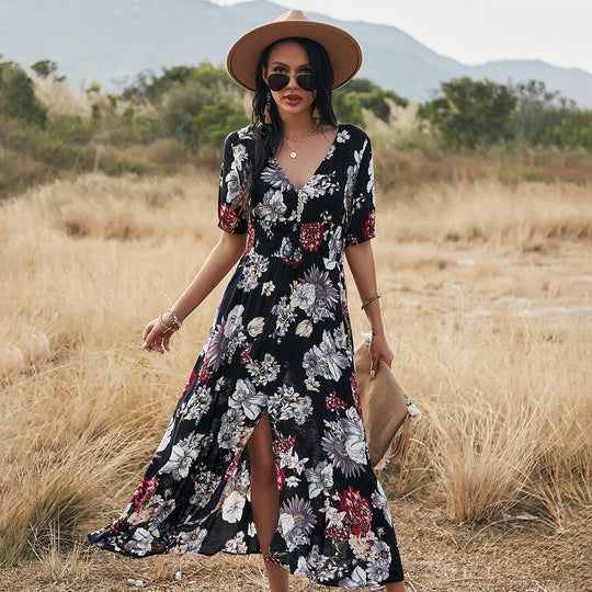 Floral V-neck Elastic Waist Dress