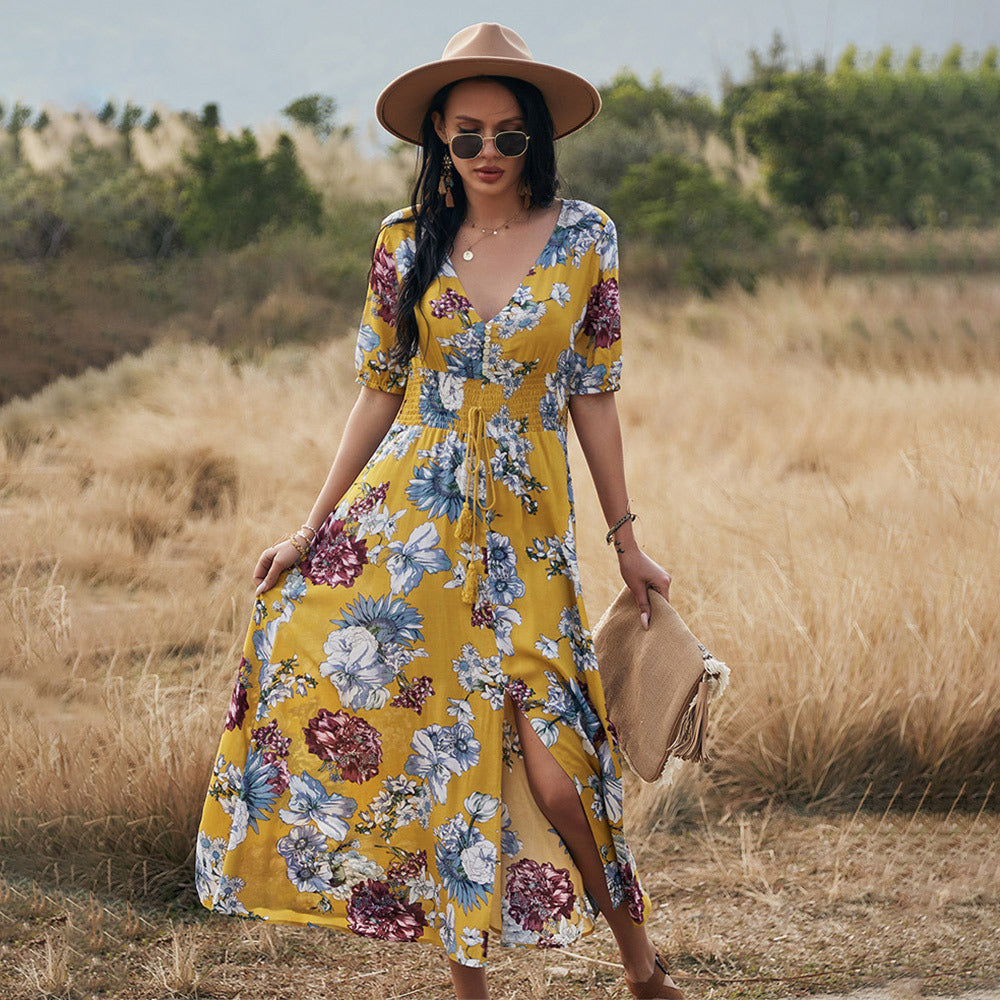 Floral V-neck Elastic Waist Dress