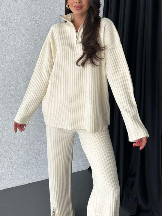 Women's Fall Solid Color Knitted Zipper Suit – Ribbed Two-Piece Set