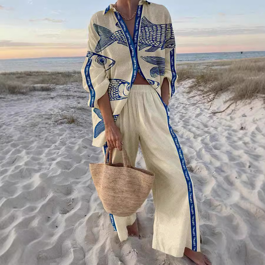 Yazette™ | Blue Fish Pattern Lounge Set