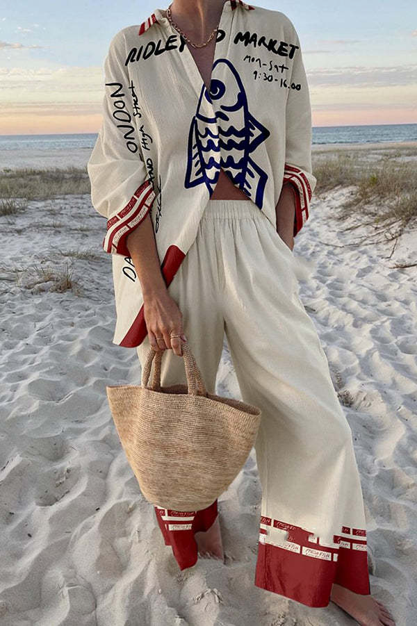 Rounelle™ | Full Linen Ensemble Featuring Blue Fish Print