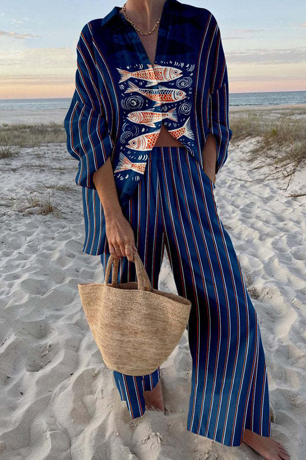 Zairine™ | Blue Koi Print Linen Set