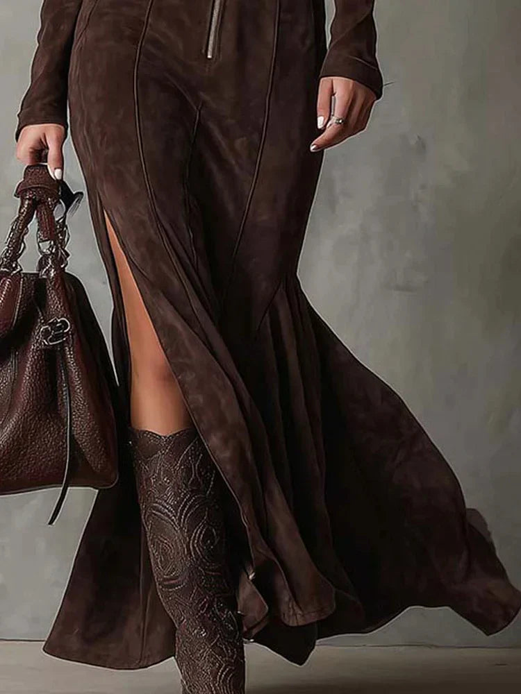 Raffaella - Vintage Brown Long Dress With Zipper