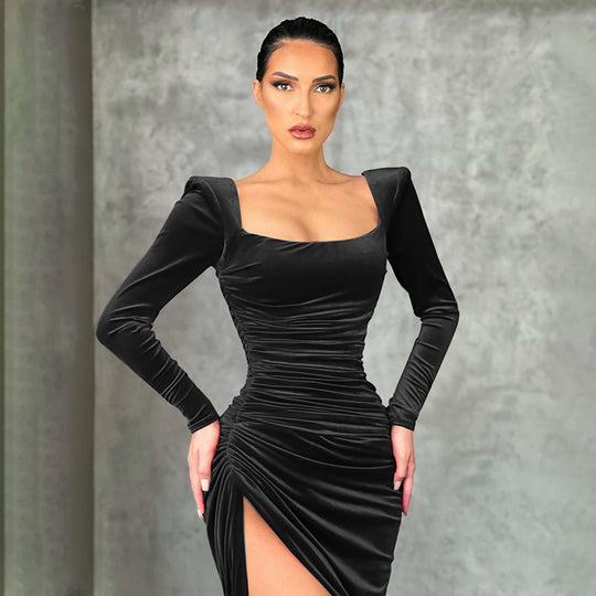 Women Velvet Square-neck Long-sleeve Midi Dress