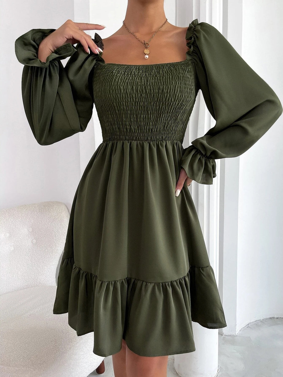 Square Neck Ruffled Swing Dress