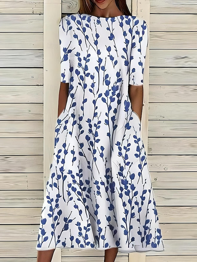Sela™ – Summer Midi Dress with Round Neckline and Coastal Floral Print