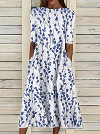 Sela™ – Summer Midi Dress with Round Neckline and Coastal Floral Print