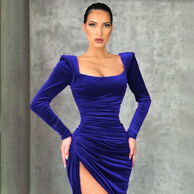 Women Velvet Square-neck Long-sleeve Midi Dress