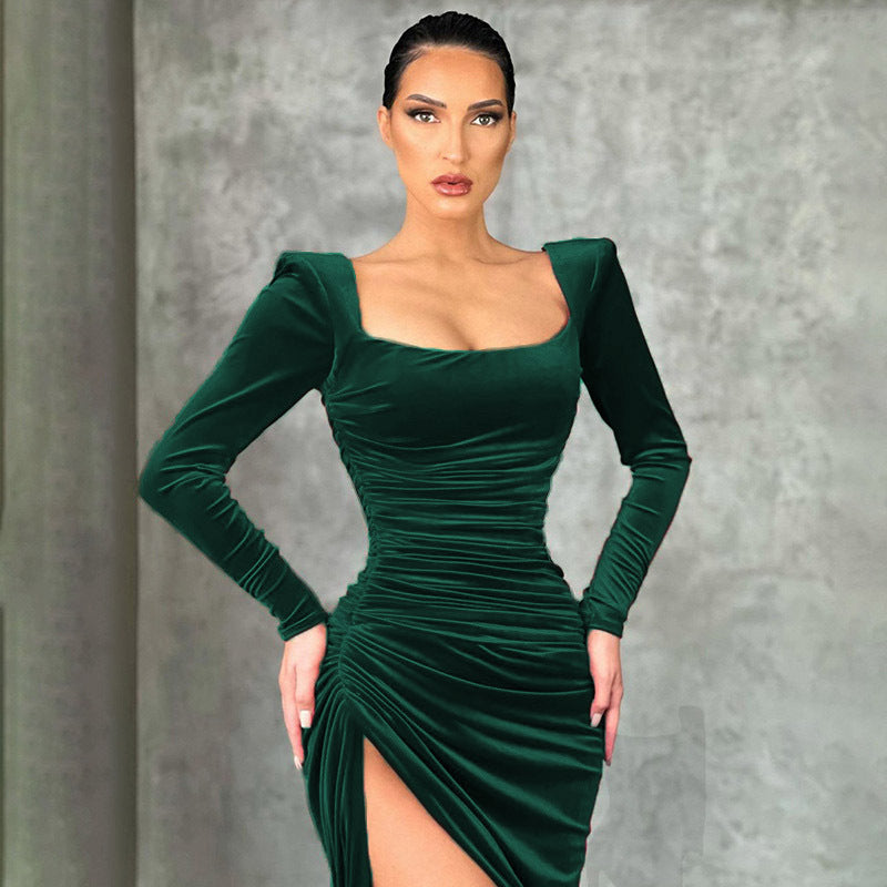 Women Velvet Square-neck Long-sleeve Midi Dress