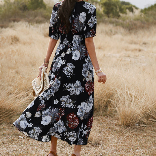 Floral V-neck Elastic Waist Dress