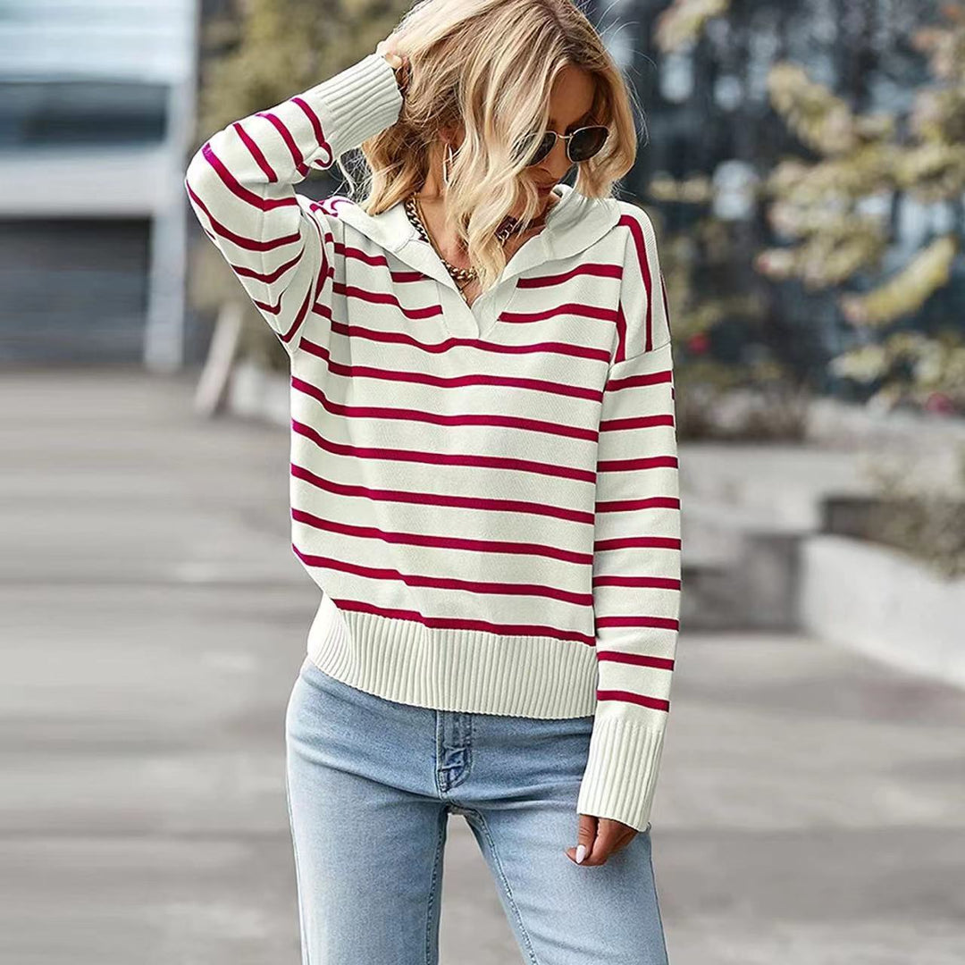 Casual V-Neck Striped Sweater – Stylish Long Sleeve Top