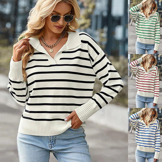 Casual V-Neck Striped Sweater – Stylish Long Sleeve Top