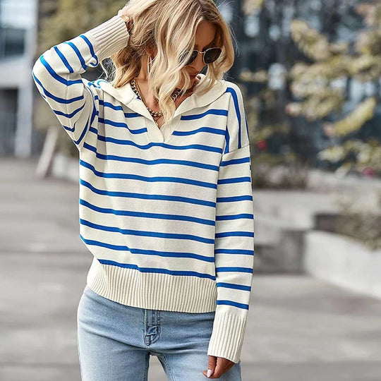 Casual V-Neck Striped Sweater – Stylish Long Sleeve Top