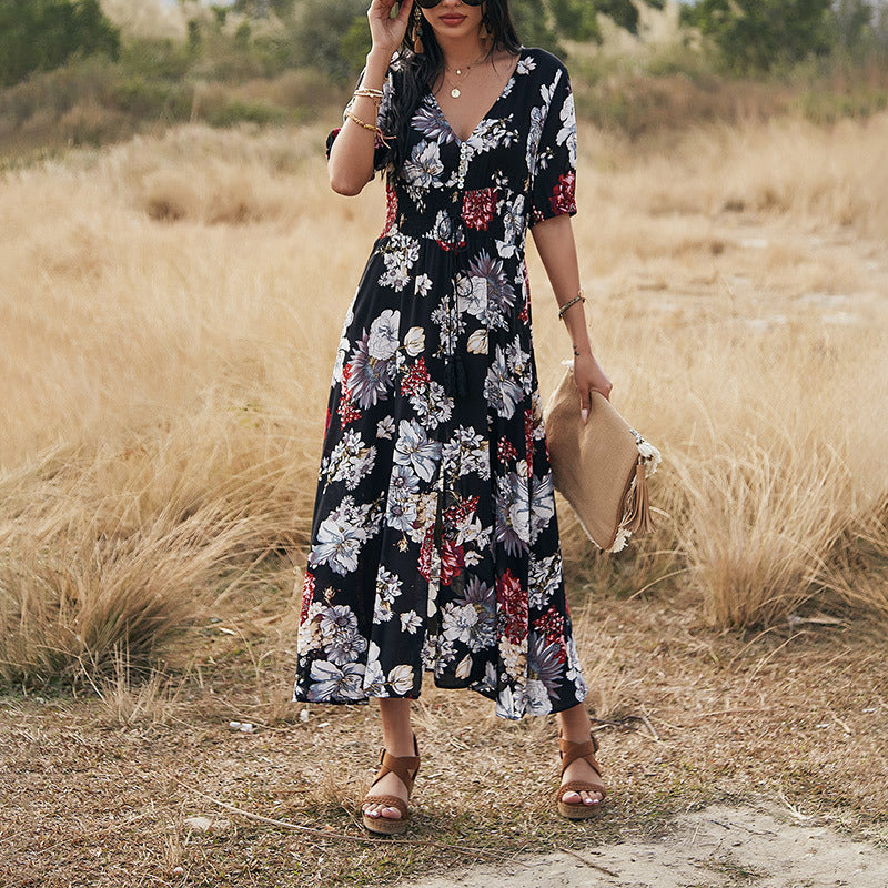 Floral V-neck Elastic Waist Dress