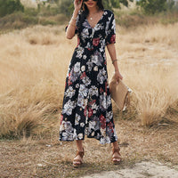 Nima Floral V neck Elastic Waist Dress