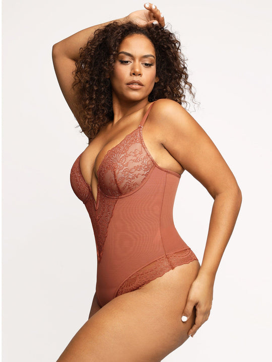 Shapewear Lace Deep V Neck Sculpting Thong Bodysuit