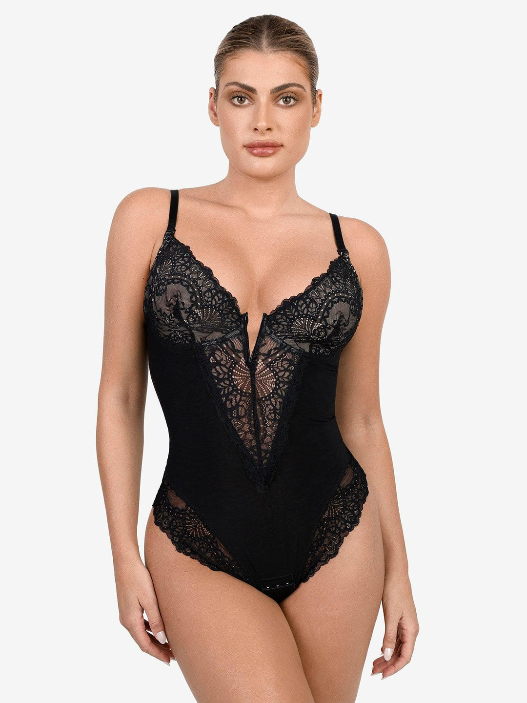 Shapewear Lace Deep V Neck Sculpting Thong Bodysuit