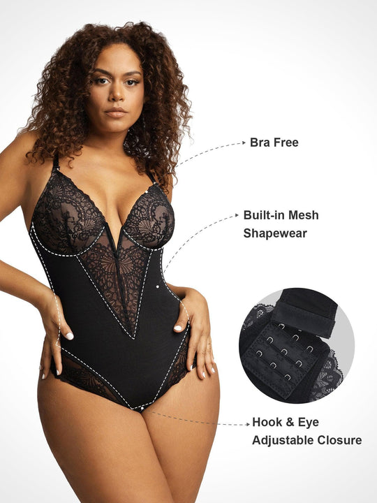 Shapewear Lace Deep V Neck Sculpting Thong Bodysuit