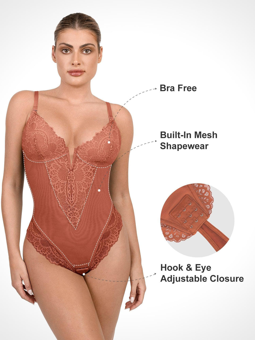 Shapewear Lace Deep V Neck Sculpting Thong Bodysuit