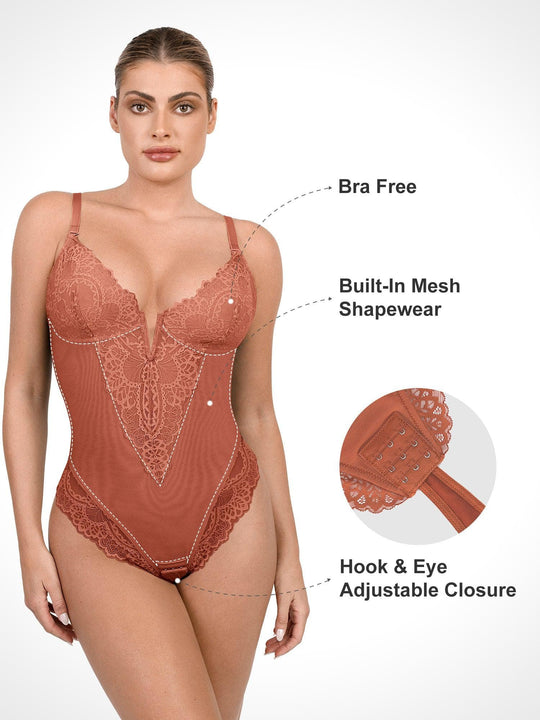 Shapewear Lace Deep V Neck Sculpting Thong Bodysuit