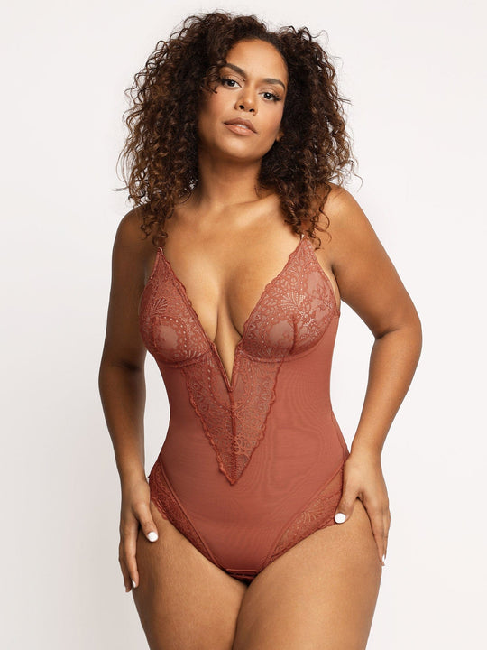 Shapewear Lace Deep V Neck Sculpting Thong Bodysuit