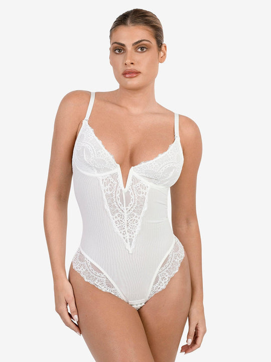 Shapewear Lace Deep V Neck Sculpting Thong Bodysuit