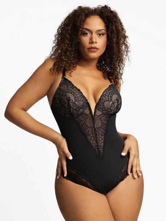 Shapewear Lace Deep V Neck Sculpting Thong Bodysuit