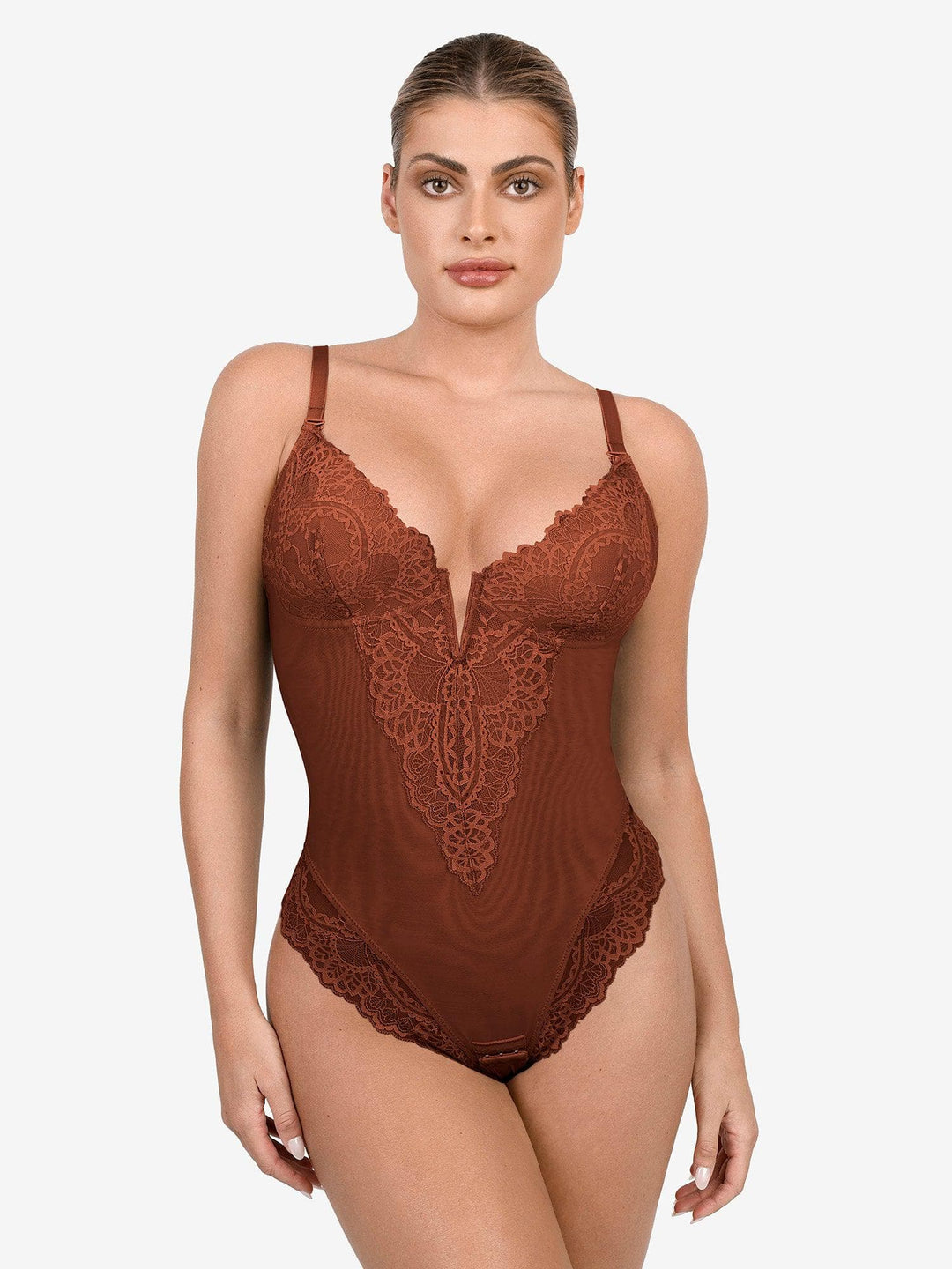 Shapewear Lace Deep V Neck Sculpting Thong Bodysuit