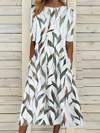 Sela™ – Summer Midi Dress with Round Neckline and Coastal Floral Print
