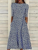 Sela™ – Summer Midi Dress with Round Neckline and Coastal Floral Print