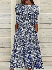 Sela™ – Summer Midi Dress with Round Neckline and Coastal Floral Print